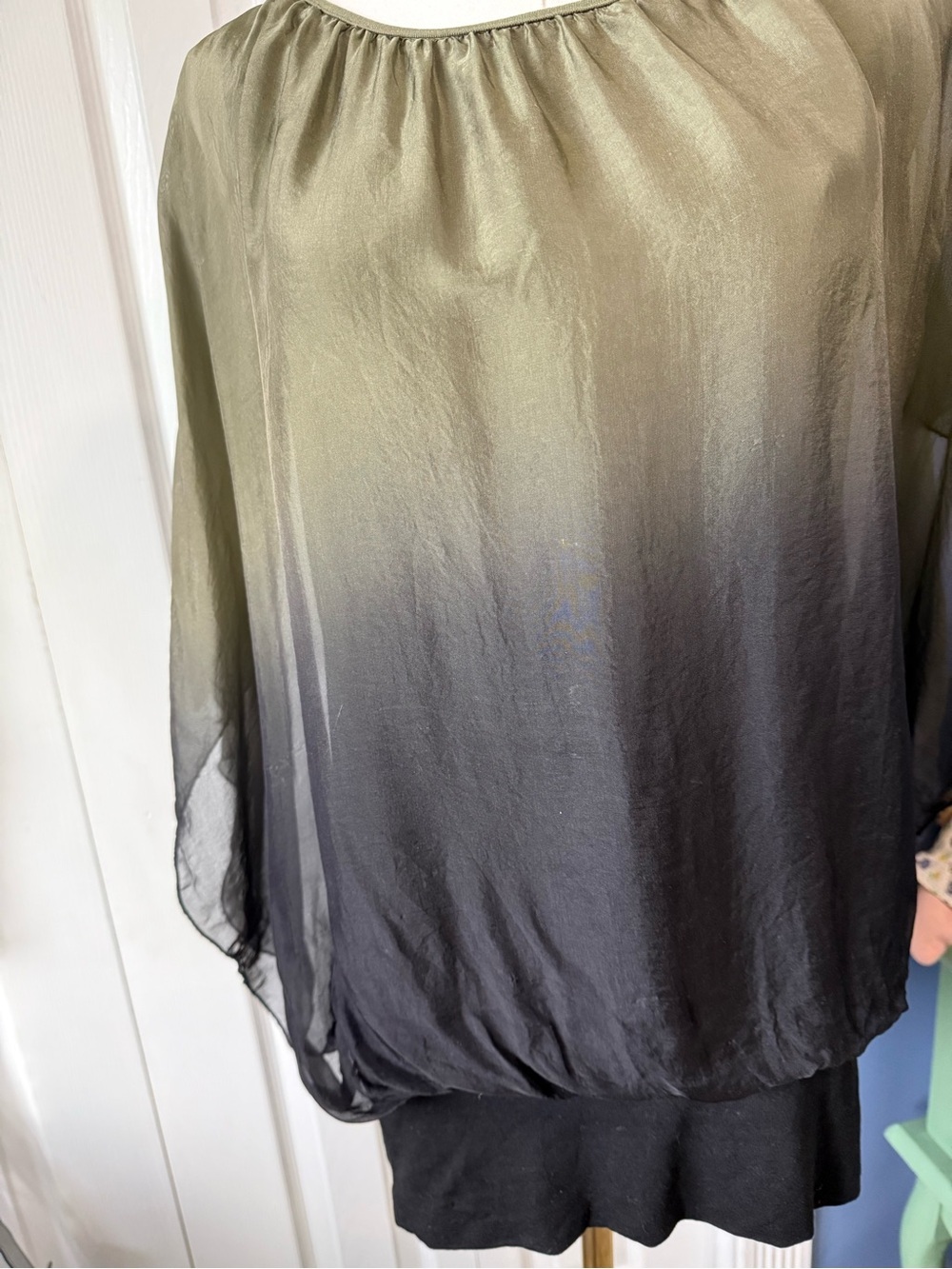 Giusy Made in Italy Silk Olive to Black Ombre Blouse Sheer Overlay Jersey Lined - Picture 13 of 13